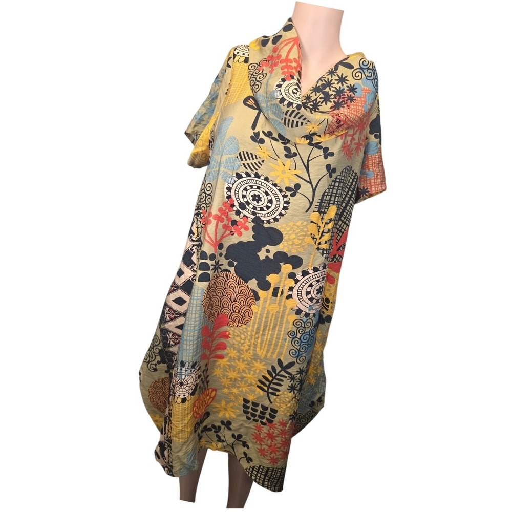 Shana Patchwork Boho Cowl Neck Kaftan Women L Multicolor Abstract Artistic Print